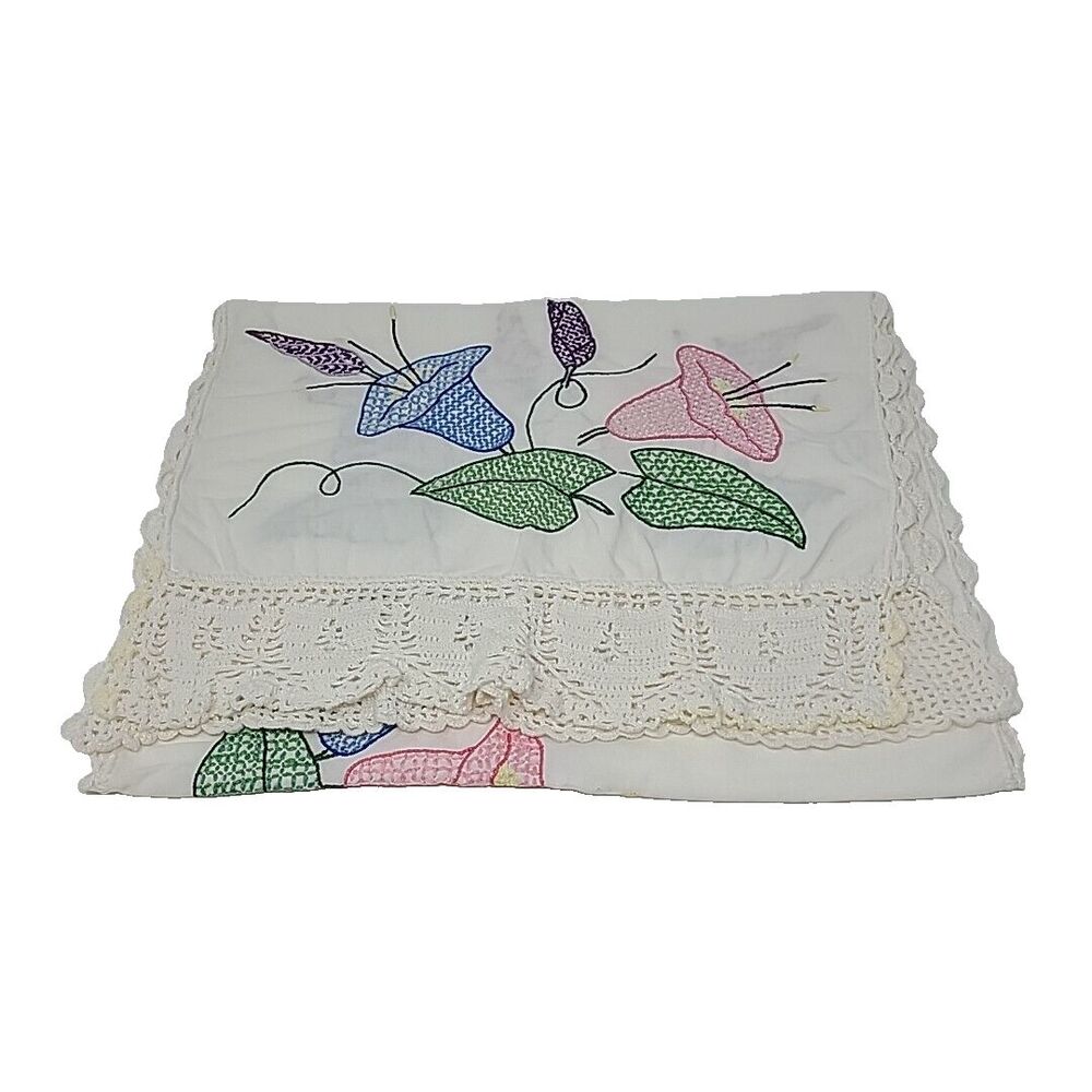 Vintage Hand Embroidered Table Runners Vanity Cover Colorful Spring Floral 50"